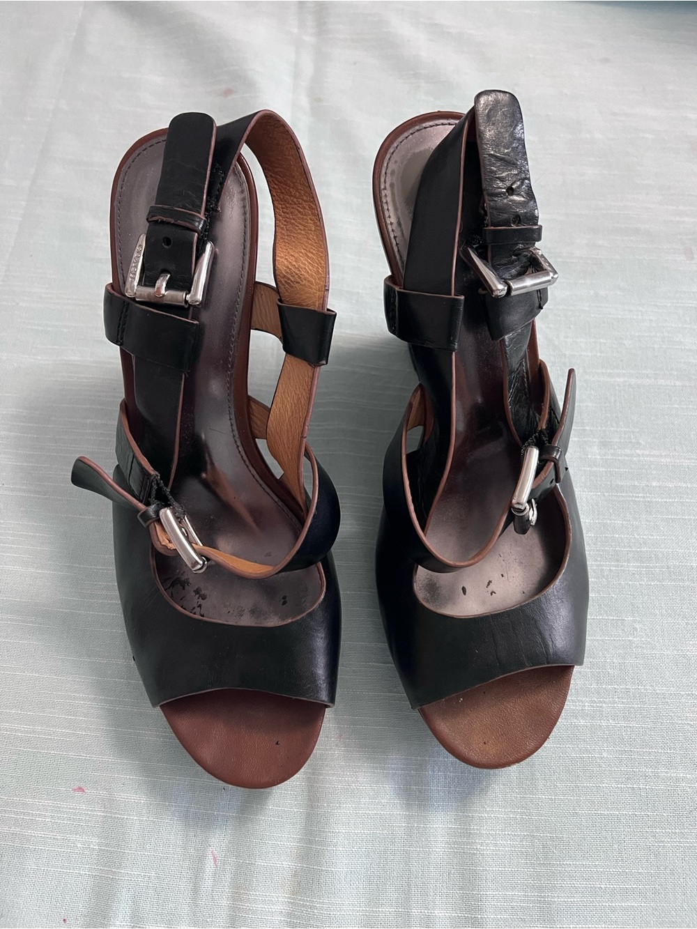Coach Wedge Wood Platform Sandals Leather Open-Toe Buckle Heels Size 7.5 B